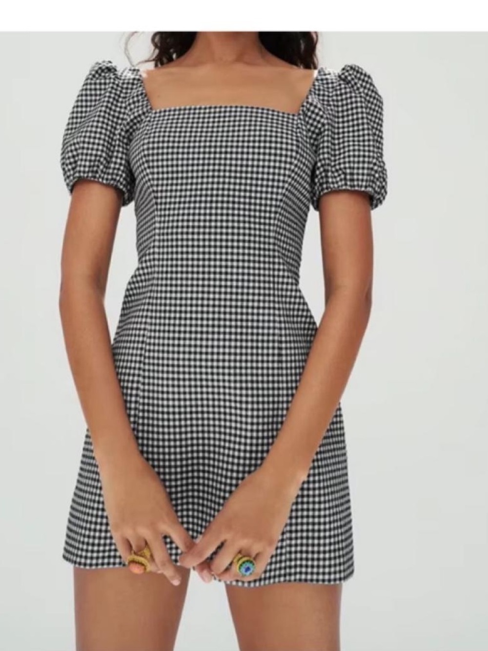 Zara Gingham Puff-Sleeve Mini Dress - Black & White